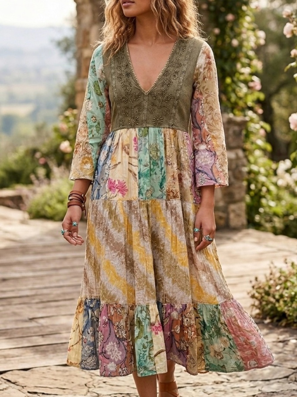 Young Threads Patchwork Floral Boho Midi Dress - Small NWT 100% Cotton